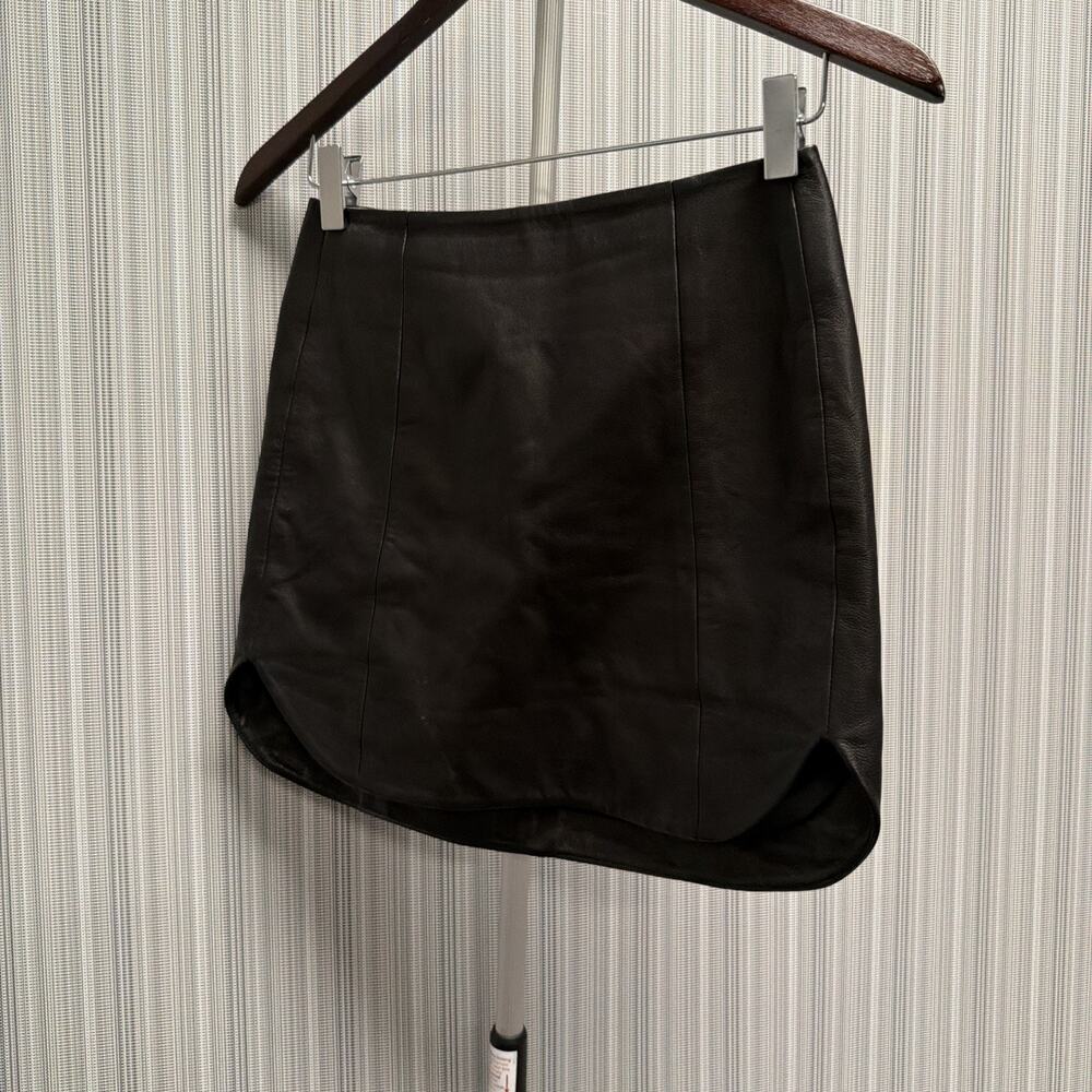 The Sei Lambskin Black Leather Gathered Mini Skirt Size 0